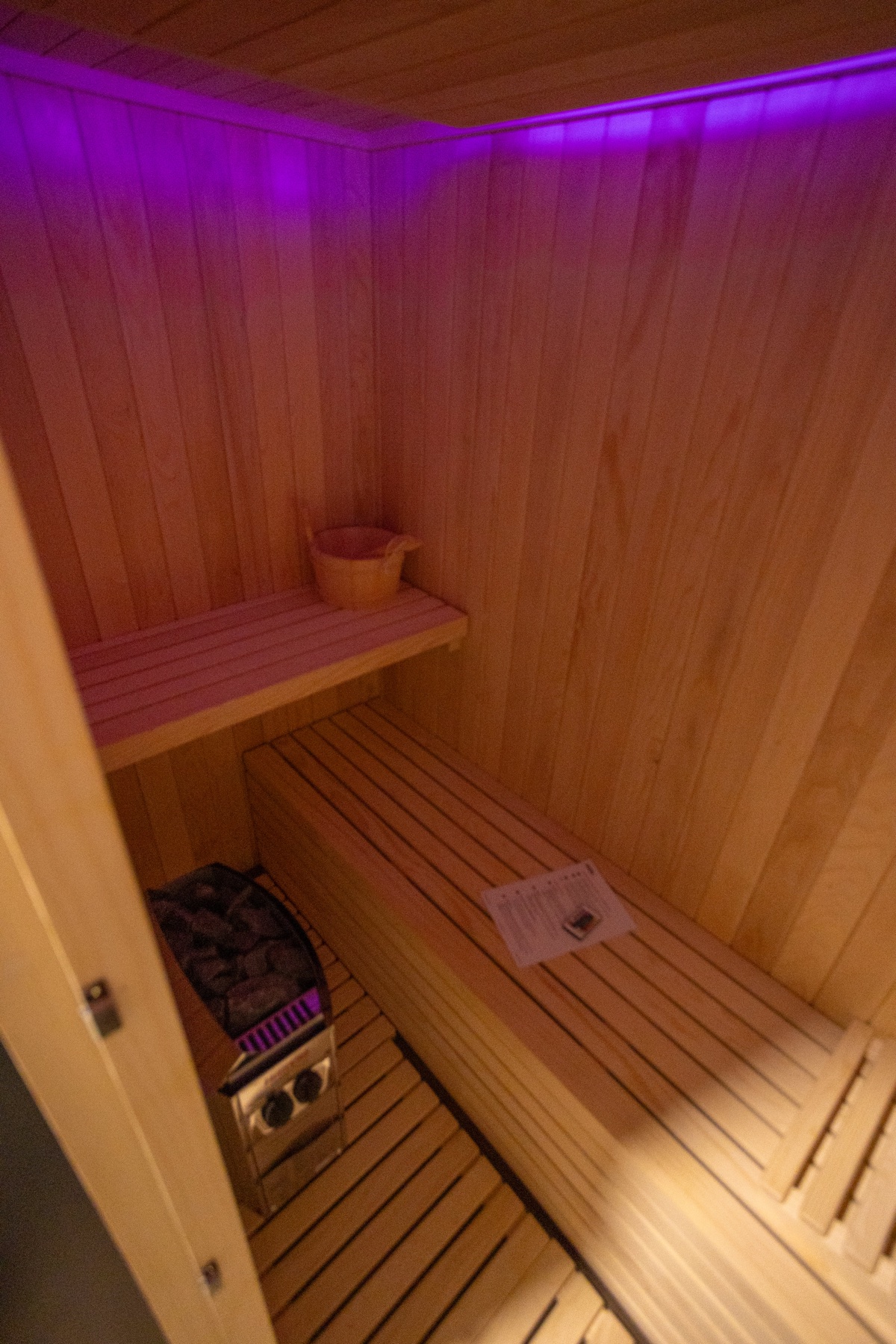 Private sauna with ambient lighting